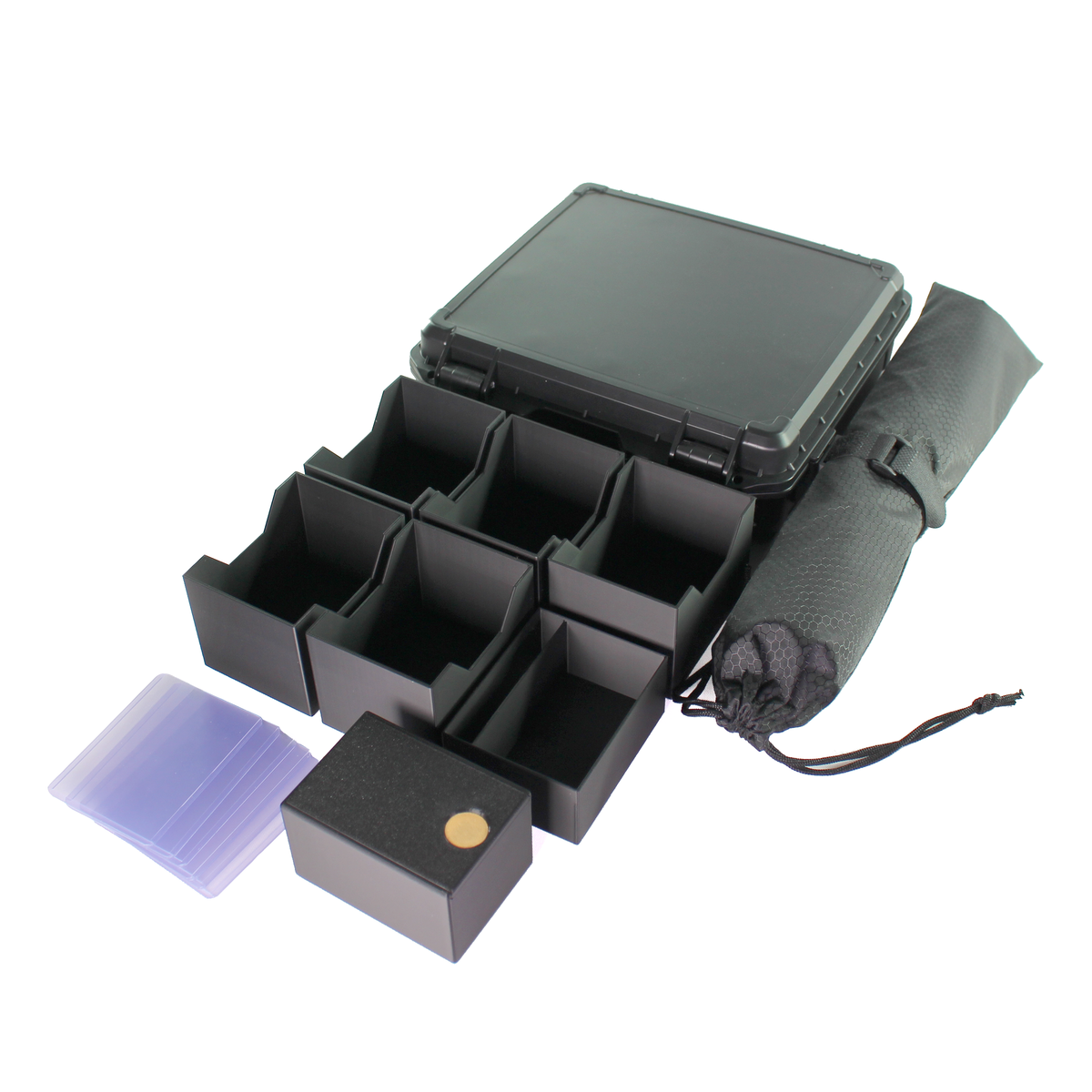 Mox Box 5-deck MTG case empty showing modular compartments dice box and playmat tube