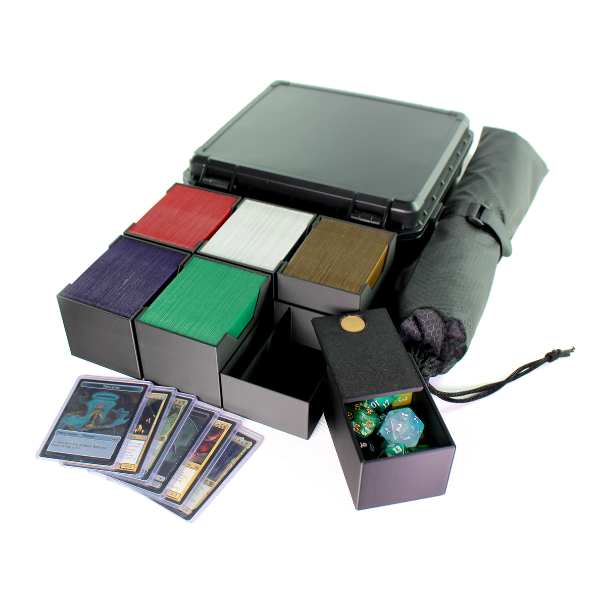 Mox Box MTG deck carrying case with 5 Commander decks, dice box with d20s, MTG cards and playmat bag