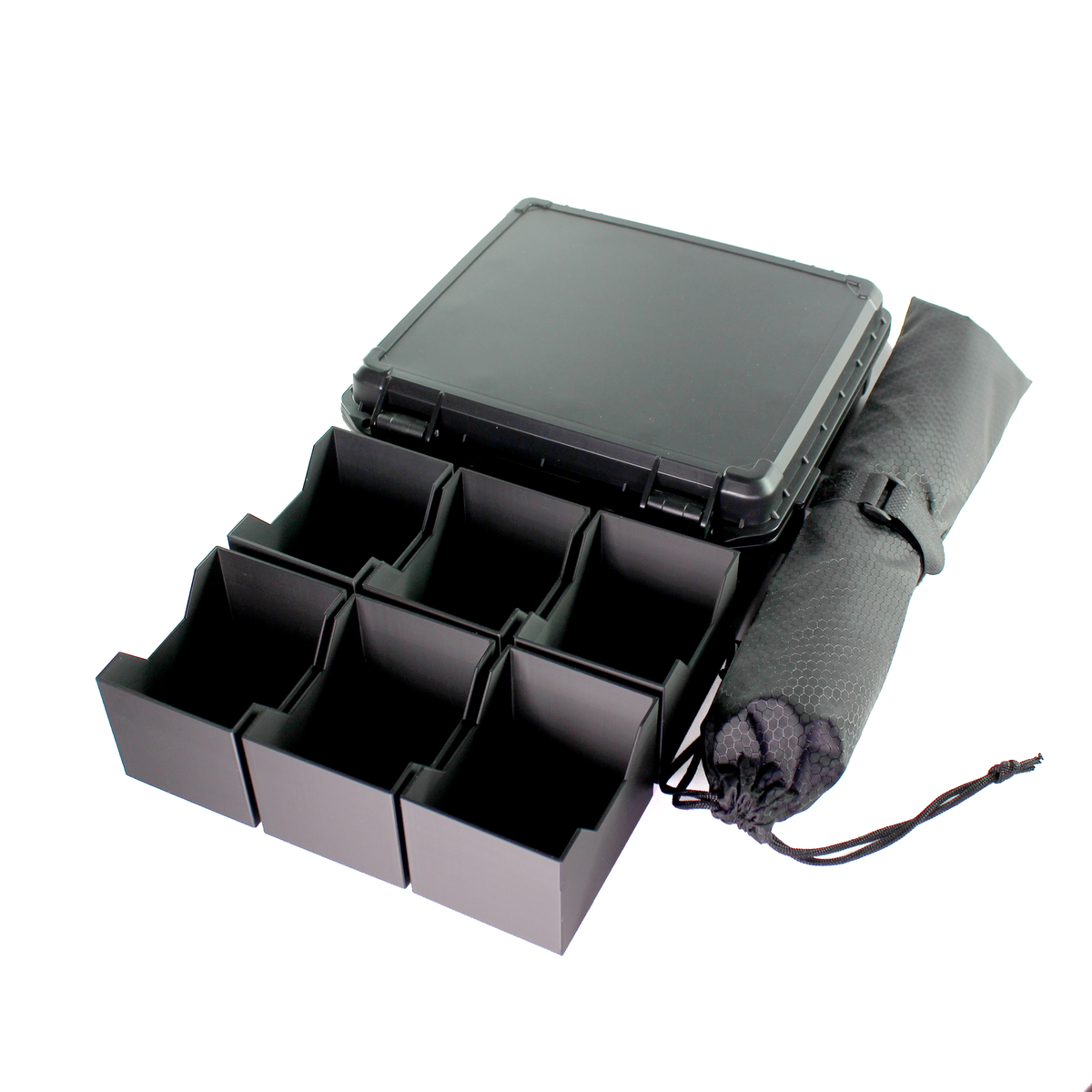 Mox Box 6-deck MTG Commander carrying case empty showing 6 deck compartments and playmat bag