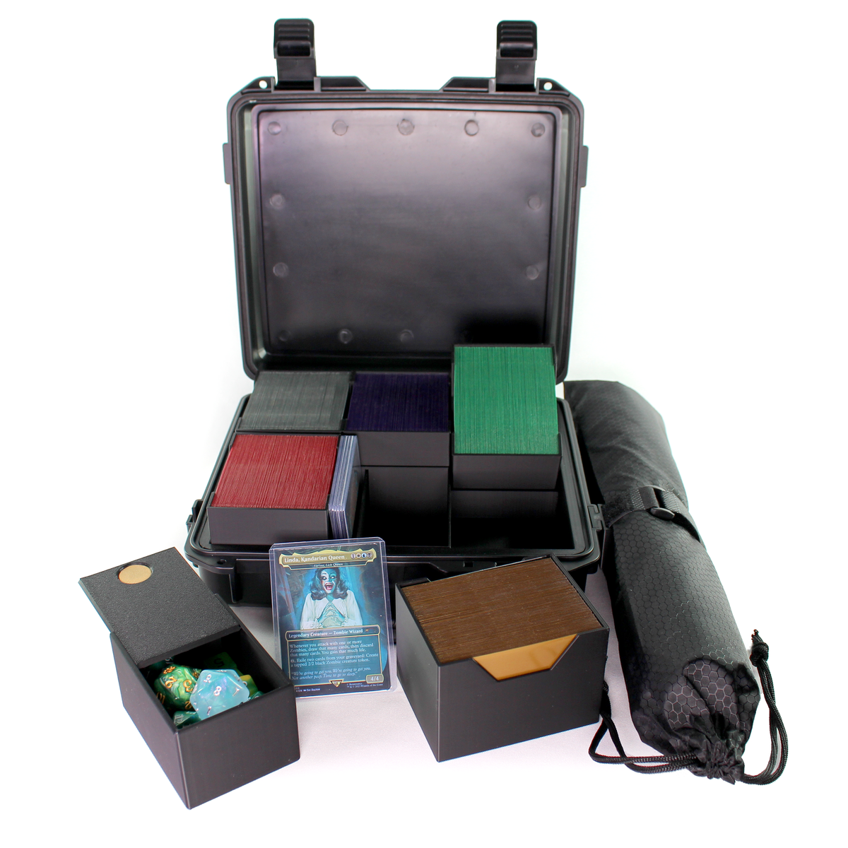 Mox Box MTG Commander deck case open showing 5 sleeved Commander decks, dice box, toploaders and playmat bag

