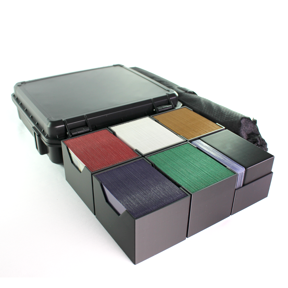 Mox Box rugged MTG Commander deck case with watertight seal showing 6 deck compartments and playmat holder